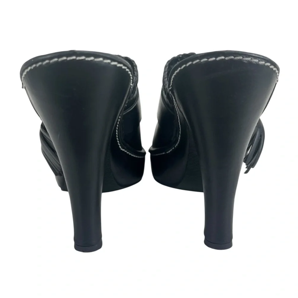 Coach Women 9B Katryna Black Leather 4.5” Heeled Mules‎ Clog Buckle & Fringe